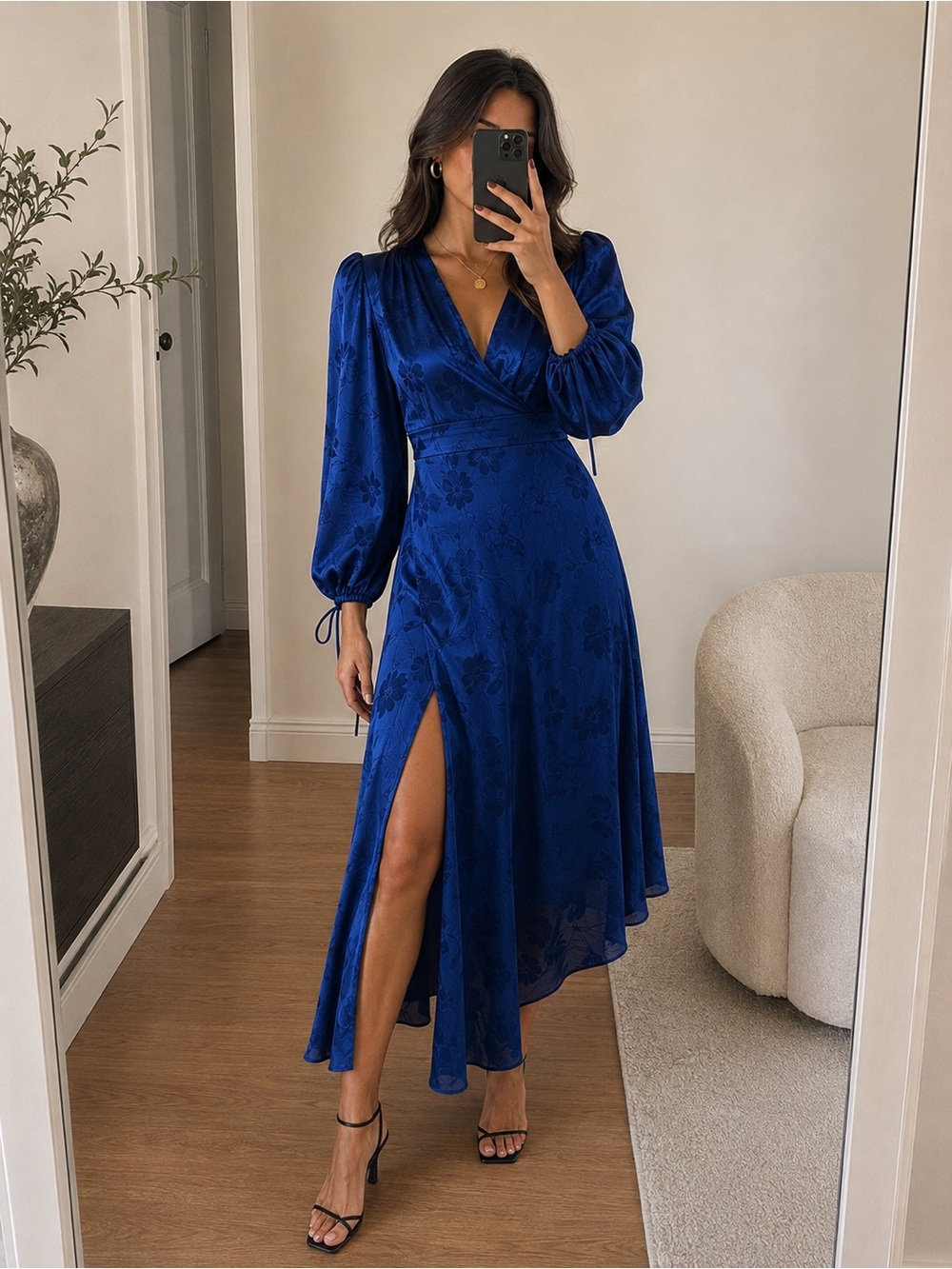 Ronny Kobo Estelle Satin Jacquard Asymmetric Midi Dress Blue Size M